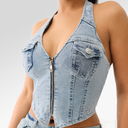True Religion Zip Denim Halter Top In Aqua Marine