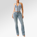 True Religion Zip Denim Halter Top In Aqua Marine