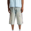 Purple Brand Mens Splatter Embroidery Shorts in Light Indigo