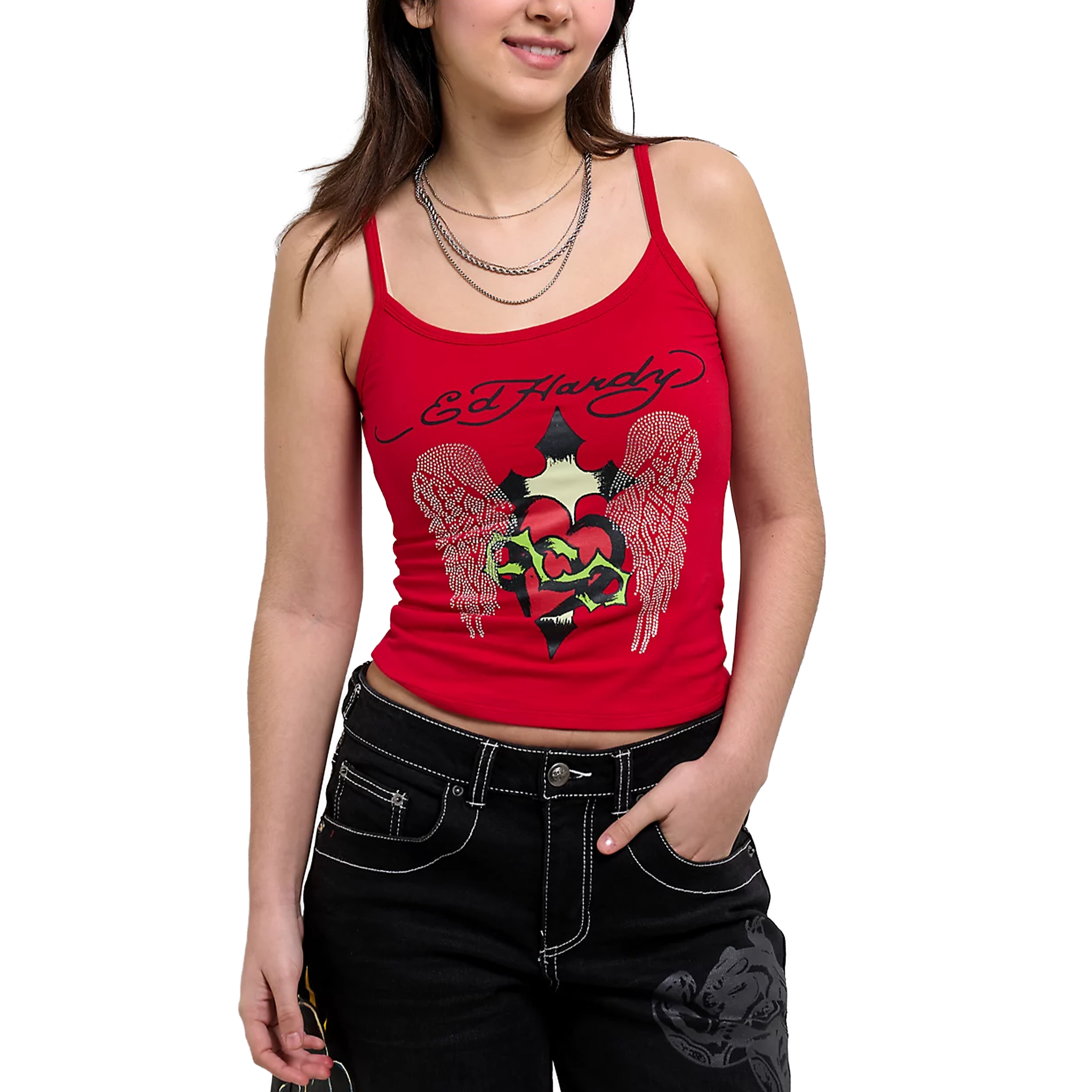 Ed Hardy Sacred Heart Wings Rhinestone Stretch Cami ( Red ) – HARLEM NYC