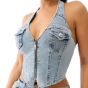True Religion Zip Denim Halter Top In Aqua Marine