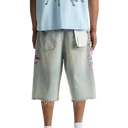 Purple Brand Mens Splatter Embroidery Shorts in Light Indigo