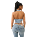 True Religion Zip Denim Halter Top In Aqua Marine