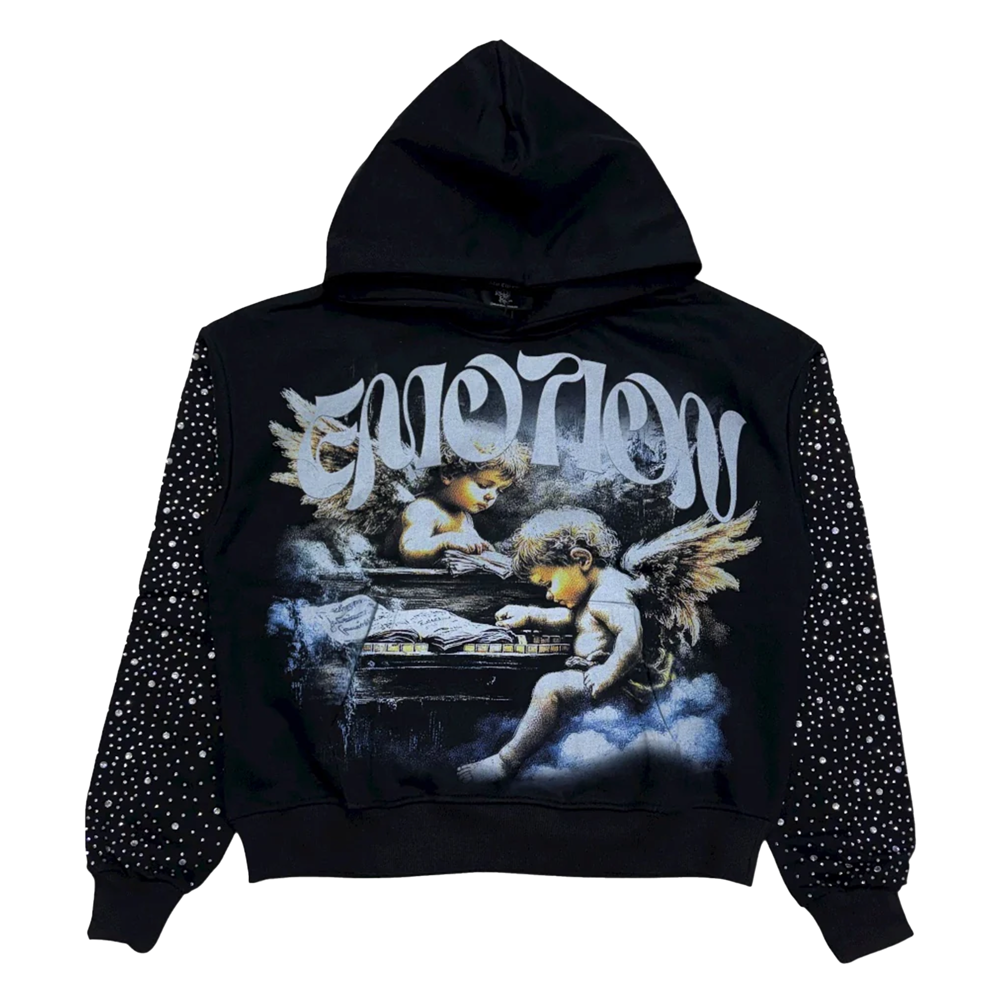Mixed Emotions Fallen Angels Rhinestone Hoodie In Black – HARLEM NYC