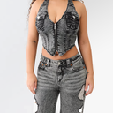 True Religion Zip Denim Halter Top In Faded Dusk