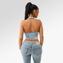 True Religion Zip Denim Halter Top In Aqua Marine